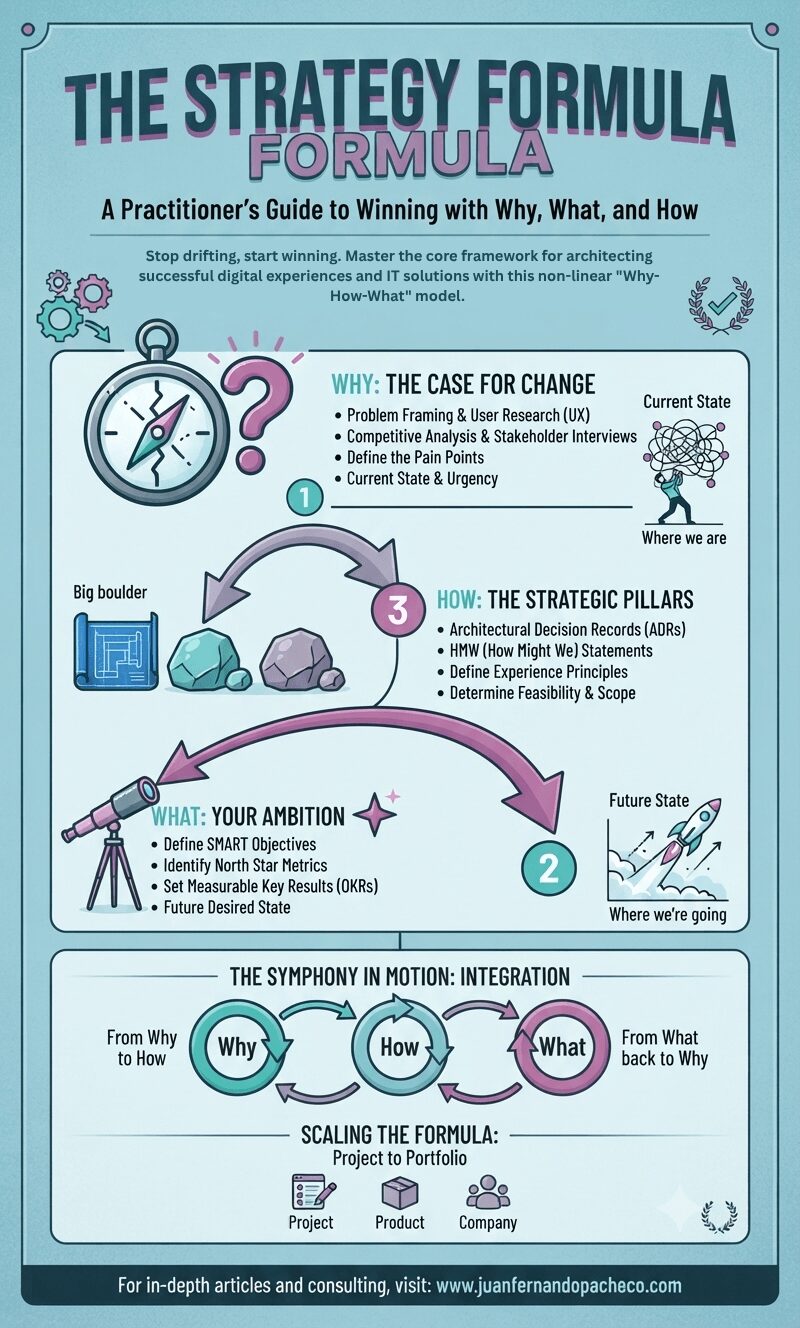 A tall vertical infographic in teal and purple tones, with the title "THE STRATEGY FORMULA". The image is divided into a three-part, non-sequential flow, clearly numbered 1, 3, and 2, with curved arrows showing the progression. Section 1, "WHY: THE CASE FOR CHANGE," features a cracked compass and a question mark. Section 3, "HOW: THE STRATEGIC PILLARS," shows three large boulders and a blueprint. Section 2, "WHAT: YOUR AMBITION," features a telescope. Below this, a section titled "THE SYMPHONY IN MOTION: INTEGRATION" shows the three components in a cycle. Finally, "SCALING THE FORMULA: Project to Portfolio" displays icons for a project, product, and company. The footer includes the URL "www.juanfernandopacheco.com".