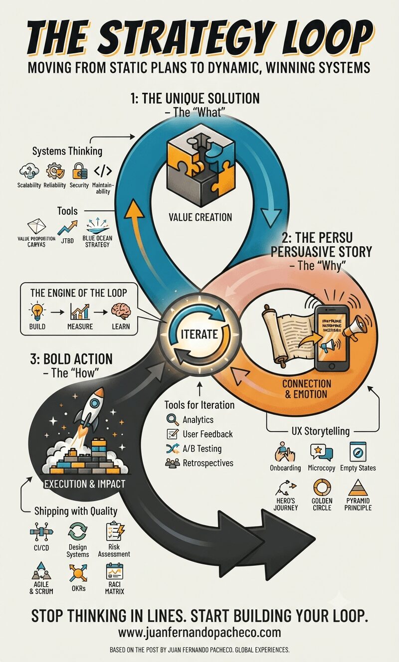 An infographic titled "The Strategy Loop" illustrating a dynamic, three-part cycle for business strategy. The teal loop at the top is "1: The Unique Solution - The What," showing puzzle pieces and value creation. The orange loop on the right is "2: The Persu Persuasive Story - The Why," showing a scroll, smartphone, and megaphone. The dark gray loop at the bottom is "3: Bold Action - The How," showing a rocket launching. In the center, a central hub labeled "Iterate" connects the cycle, supported by "The Engine of the Loop" (Build-Measure-Learn) and specific tools for each phase. The bottom text reads: "Stop thinking in lines. Start building your loop. www.juanfernandopacheco.com."