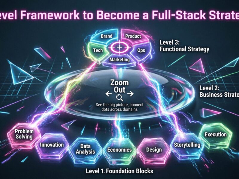 Vertical infographic showing three-tier strategy framework: Level 1 foundation blocks with seven core skills (Problem Solving, Innovation, Data Analysis, Economics, Design, Storytelling, Execution), Level 2 Business Strategy zoom-out lens, Level 3 Functional Strategy targeting Brand, Product, Marketing, Ops, and Tech. Neon gradient design on dark background with ascending energy beams connecting all levels.