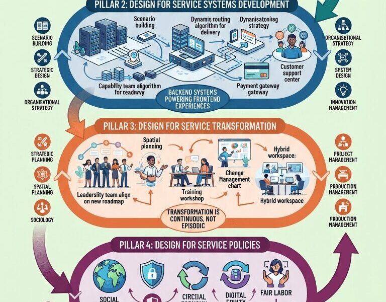A detailed infographic visualizing the Design for Services framework as an interconnected ecosystem composed of four pillars: Service Experiences, Service Systems Development, Service Transformation, and Service Policies, set against a light green background with a new, vibrant color palette.