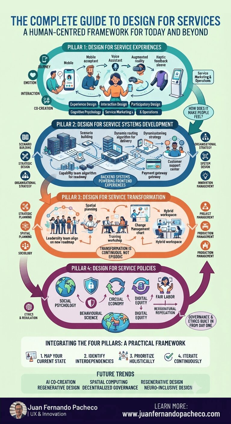 A detailed infographic visualizing the Design for Services framework as an interconnected ecosystem composed of four pillars: Service Experiences, Service Systems Development, Service Transformation, and Service Policies, set against a light green background with a new, vibrant color palette.