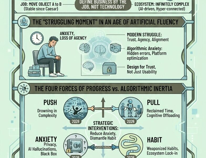 A vertical infographic titled "Beyond the Task: Architecting Progress with Jobs-to-be-Done in 2026." The image is structured into four sections using a cool-toned palette of greens and blues, illustrating how the JTBD framework evolves in an AI-driven era. Section 1 contrasts a stable job (moving an object, shown via chariot and global network) with a complex ecosystem. Section 2 maps the "Struggling Moment" from functional friction to emotional "algorithmic anxiety." Section 3 visualizes "The Four Forces of Progress" (Push, Pull, Anxiety, Habit) in the context of 2026. Section 4 compares Traditional SaaS business models with new Progress-Centric models using line graphs. The overall theme is transforming design from a cost center to a revenue driver.