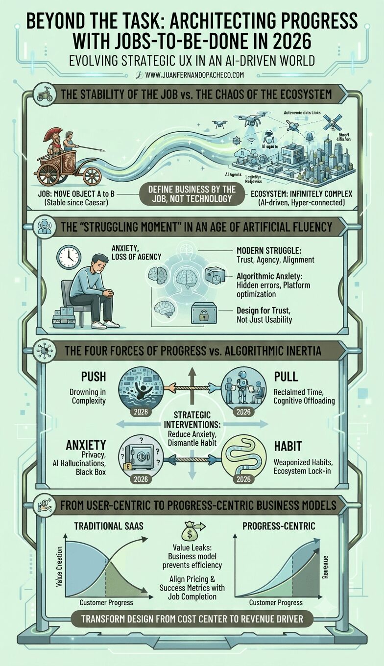 A vertical infographic titled "Beyond the Task: Architecting Progress with Jobs-to-be-Done in 2026." The image is structured into four sections using a cool-toned palette of greens and blues, illustrating how the JTBD framework evolves in an AI-driven era. Section 1 contrasts a stable job (moving an object, shown via chariot and global network) with a complex ecosystem. Section 2 maps the "Struggling Moment" from functional friction to emotional "algorithmic anxiety." Section 3 visualizes "The Four Forces of Progress" (Push, Pull, Anxiety, Habit) in the context of 2026. Section 4 compares Traditional SaaS business models with new Progress-Centric models using line graphs. The overall theme is transforming design from a cost center to a revenue driver.