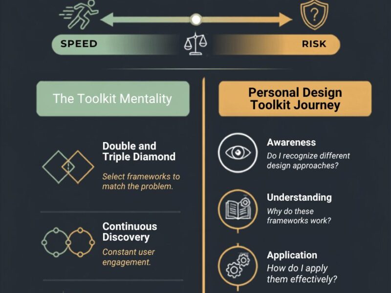 Infographic showing a four-stage cyclical product design process (Define Outcomes, Discover Problems, Design Solutions, Validate) with a speed vs. risk balance scale. Features two columns: The Toolkit Mentality showcasing Double/Triple Diamond, Continuous Discovery, and Build-Measure-Learn frameworks, and Personal Design Toolkit Journey with four stages (Awareness, Understanding, Application, Adaptation). Bottom sections cover Blind Process Adherence warnings and Mindset Essentials including curiosity, humility, bias toward action, and adaptability.