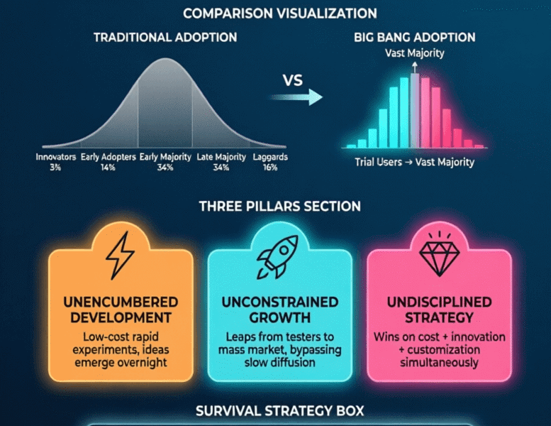 Infographic comparing traditional Rogers adoption curve (gradual bell curve with 5 segments) versus Big Bang Disruption (explosive vertical spike from trial users to vast majority). Features three defining characteristics: Unencumbered Development, Unconstrained Growth, and Undisciplined Strategy, plus three incumbent survival strategies on dark navy background with neon cyan, orange, and pink accents.