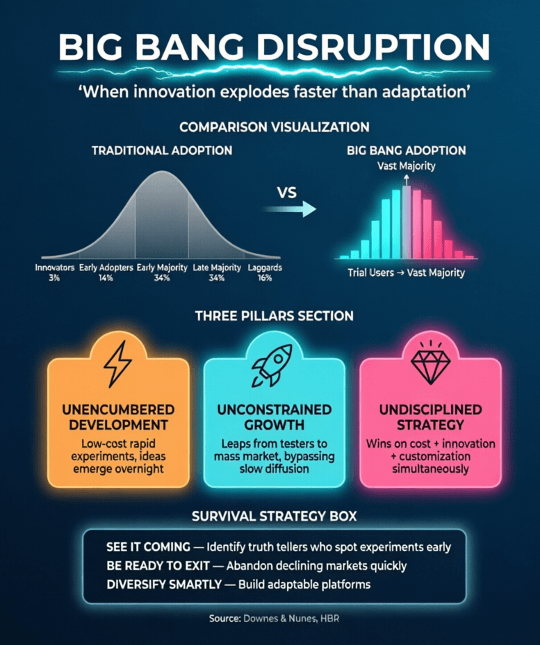Infographic comparing traditional Rogers adoption curve (gradual bell curve with 5 segments) versus Big Bang Disruption (explosive vertical spike from trial users to vast majority). Features three defining characteristics: Unencumbered Development, Unconstrained Growth, and Undisciplined Strategy, plus three incumbent survival strategies on dark navy background with neon cyan, orange, and pink accents.