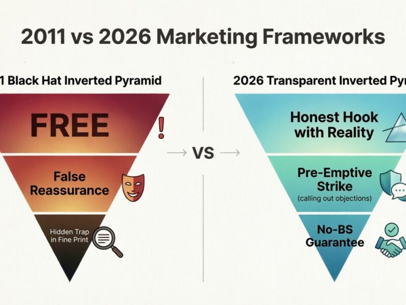 Comparison diagram showing 2011 Black Hat Inverted Pyramid with deceptive FREE hook, false reassurance, and hidden trap versus 2026 Transparent Inverted Pyramid with honest hook, pre-emptive strike, and no-BS guarantee
