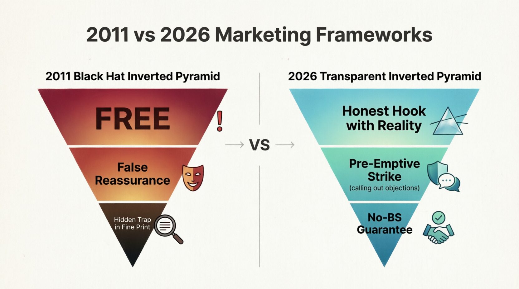 Comparison diagram showing 2011 Black Hat Inverted Pyramid with deceptive FREE hook, false reassurance, and hidden trap versus 2026 Transparent Inverted Pyramid with honest hook, pre-emptive strike, and no-BS guarantee
