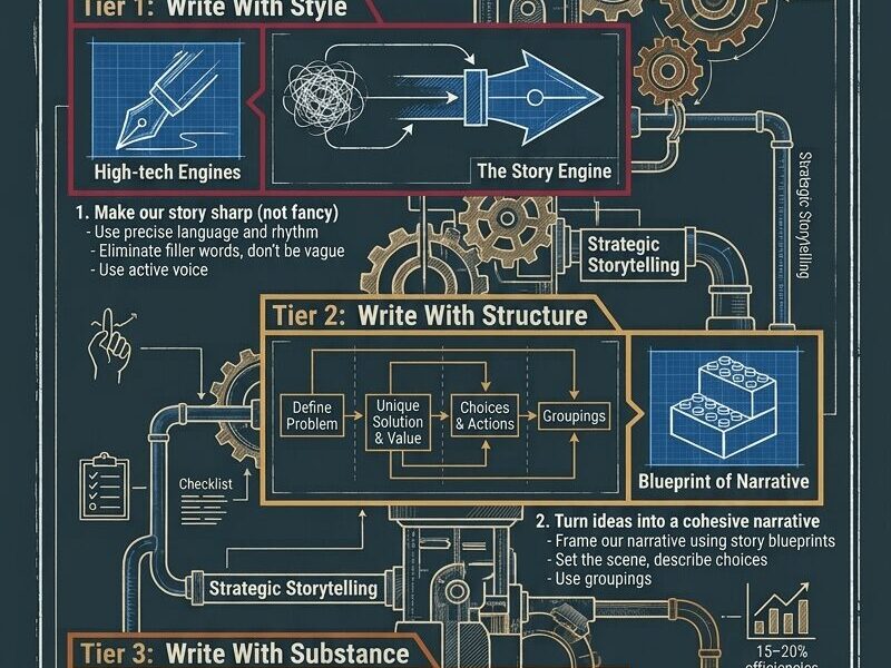 A detailed, schematic-style infographic presented as a technical blueprint with the title "Making Strategy Stick: The Art of Turning Brilliant Ideas into Action." Near the top, text states, "Stop losing good ideas to bad communication - use strategic storytelling tools." The visual is organized into three interlocking tiers, labeled "The 3 Pillars of Strategic Communication," all integrated with mechanical gears, pipes, circuits, and flowcharts against a dark background. Tier 1: Write With Style (orange box) includes visual analogies of "High-tech Engines" and "The Story Engine," with steps like "Make our story sharp (not fancy)" and "Use active voice." Tier 2: Write With Structure (yellow box) features a flowchart "Blueprint of Narrative" with steps for "Define Problem" and "Groupings," and steps like "Turn ideas into a cohesive narrative." Tier 3: Write With Substance (blue box) shows a complex nested mind-map diagram, "Strategic Substance Core," with a "Deep Thinking" schematic, and steps like "Make the strategy have strong logic" and "Tie ideas to customer needs." The image uses blueprint icons like an atom, flowcharts, and a gear network to illustrate a complete strategy-to-action engine.