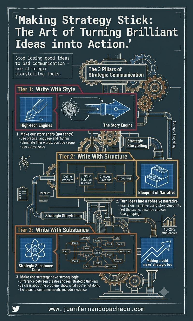 A detailed, schematic-style infographic presented as a technical blueprint with the title "Making Strategy Stick: The Art of Turning Brilliant Ideas into Action." Near the top, text states, "Stop losing good ideas to bad communication - use strategic storytelling tools." The visual is organized into three interlocking tiers, labeled "The 3 Pillars of Strategic Communication," all integrated with mechanical gears, pipes, circuits, and flowcharts against a dark background. Tier 1: Write With Style (orange box) includes visual analogies of "High-tech Engines" and "The Story Engine," with steps like "Make our story sharp (not fancy)" and "Use active voice." Tier 2: Write With Structure (yellow box) features a flowchart "Blueprint of Narrative" with steps for "Define Problem" and "Groupings," and steps like "Turn ideas into a cohesive narrative." Tier 3: Write With Substance (blue box) shows a complex nested mind-map diagram, "Strategic Substance Core," with a "Deep Thinking" schematic, and steps like "Make the strategy have strong logic" and "Tie ideas to customer needs." The image uses blueprint icons like an atom, flowcharts, and a gear network to illustrate a complete strategy-to-action engine.