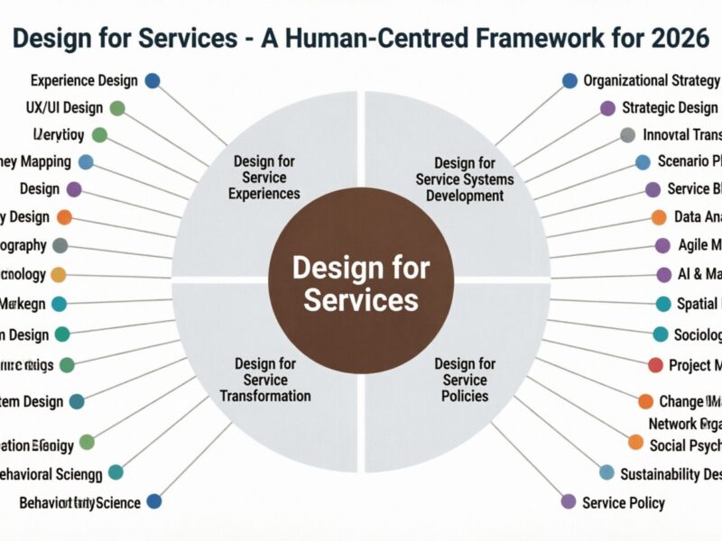 Circular diagram showing Design for Services framework with four quadrants: Design for Service Experiences, Design for Service Systems Development, Design for Service Transformation, and Design for Service Policies, surrounded by 27 interconnected disciplines and approaches for human-centred service design in today's world