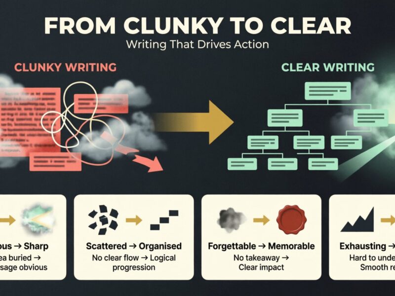 Infographic showing the transformation from clunky to clear writing with four key changes: ambiguous to sharp, scattered to organized, forgettable to memorable, and exhausting to effortless. Visual comparison of chaotic versus structured communication on dark charcoal background with mint green, coral pink, and golden yellow accents.