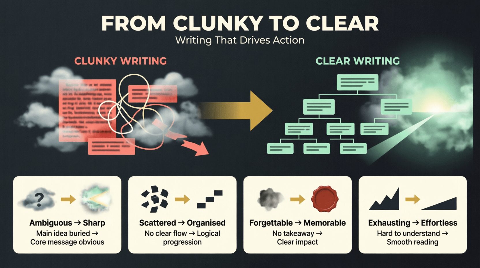 Infographic showing the transformation from clunky to clear writing with four key changes: ambiguous to sharp, scattered to organized, forgettable to memorable, and exhausting to effortless. Visual comparison of chaotic versus structured communication on dark charcoal background with mint green, coral pink, and golden yellow accents.
