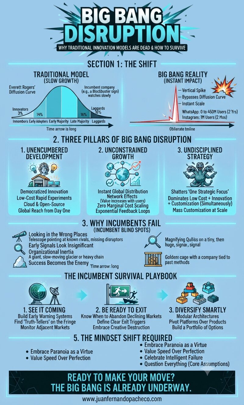 A vertical infographic titled 'Big Bang Disruption: The Death of Predictable Innovation' detailing the shift from traditional, gradual innovation models to instantaneous Big Bang disruptions. The graphic compares Rogers' diffusion of innovations curve with the vertical spike of Big Bang reality, highlights the three pillars (Unencumbered Development, Unconstrained Growth, Undisciplined Strategy), lists incumbent blind spots, and provides a survival playbook with three strategies. Includes illustrative data and a final call to action.