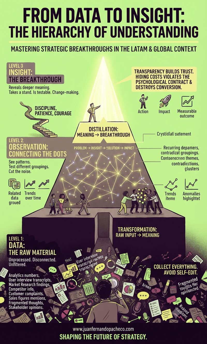 An infographic titled "From Data to Insight: The Hierarchy of Understanding" illustrates a three-level transformation process. At the bottom, Level 1: Data is a chaotic pit of raw numbers, transcripts, and feedback. A person with a magnifying glass gathers this material. Level 2: Observation shows a pyramid where people connect these scattered dots into constellations, trends, and clusters. Level 3: Insight is the peak, a brilliant light representing a distilled, actionable, and change-making statement: "Transparency builds trust. Hiding costs violates the psychological contract and destroys conversion." The ascent requires discipline, patience, and courage. A footer includes www.juanfernandopacheco.com.