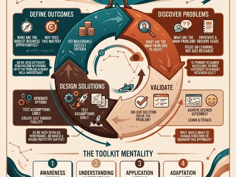 Infographic titled "Mastering product design process: Strategic thinking," featuring a central figure as a "Strategic Navigator" above a circular design loop. The loop illustrates four iterative phases: Define Outcomes, Discover Problems, Design Solutions, and Validate, with critical questions and icons for each. Below the loop, "The Toolkit Mentality" is detailed in four stages (Awareness, Understanding, Application, Adaptation) and "Cultivating the Right Mindset" is shown with icons (Curiosity, Humility, Action, Systems Thinking, Adaptability). The footer includes the URL "www.juanfernandopacheco.com."