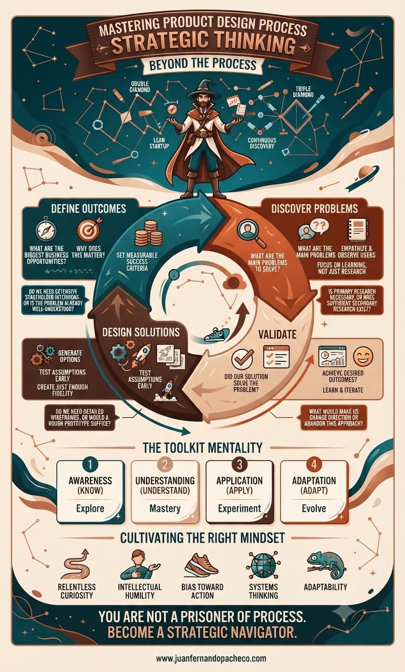 Infographic titled "Mastering product design process: Strategic thinking," featuring a central figure as a "Strategic Navigator" above a circular design loop. The loop illustrates four iterative phases: Define Outcomes, Discover Problems, Design Solutions, and Validate, with critical questions and icons for each. Below the loop, "The Toolkit Mentality" is detailed in four stages (Awareness, Understanding, Application, Adaptation) and "Cultivating the Right Mindset" is shown with icons (Curiosity, Humility, Action, Systems Thinking, Adaptability). The footer includes the URL "www.juanfernandopacheco.com."