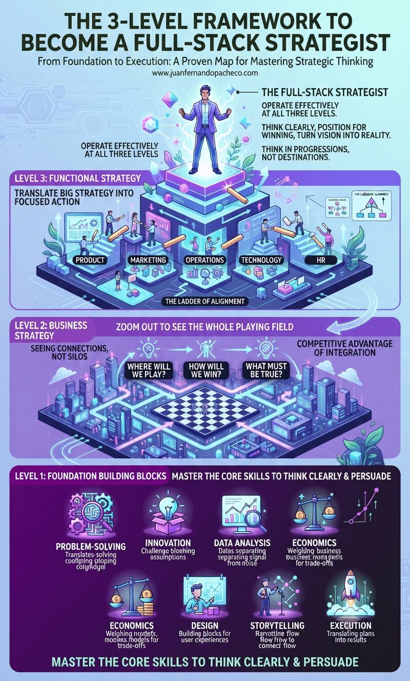 A vertical infographic titled "The 3-Level Framework to Become a Full-Stack Strategist" (www.juanfernandopacheco.com). The image is structured in three ascending tiers. Level 1, "Foundation Building Blocks," is at the bottom with icons for Problem Solving, Innovation, Data Analysis, Economics, Design, Storytelling, and Execution. Level 2, "Business Strategy," is in the middle, focusing on "Where will we play?" and "How will we win?". Level 3, "Functional Strategy," is at the top, detailing functional areas like Product and Marketing. The overall aesthetic is a modern, glowing illustration on a light blue background.