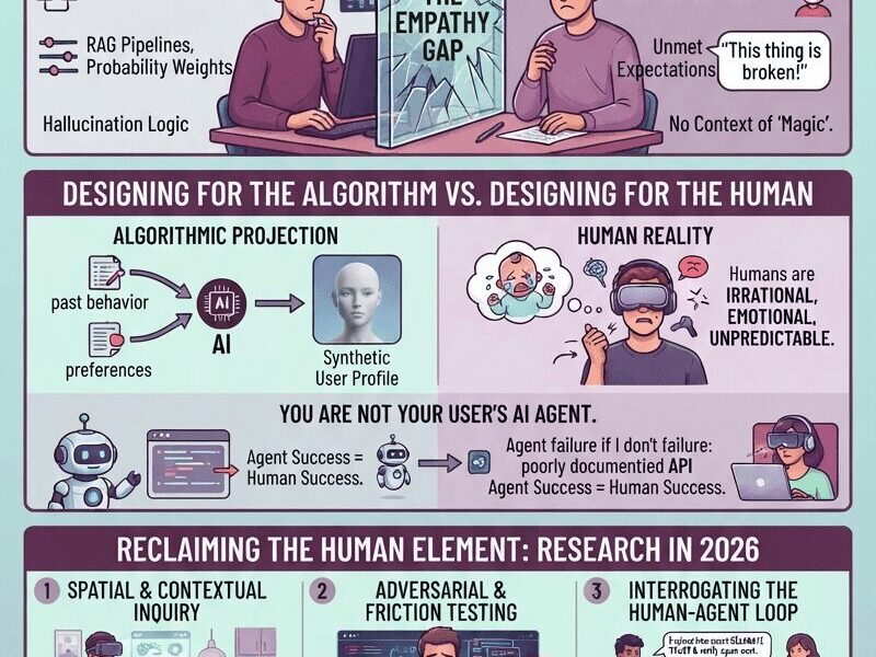 A vertical infographic titled "You Are Still Not Your User" against a light teal background, illustrating the growing gap between product creators and users in the age of AI and spatial computing. It is divided into sections showing the "Evolving Curse of Knowledge," the trap of "Synthetic Empathy," and a "2026 Research Toolkit" for reclaiming human understanding.