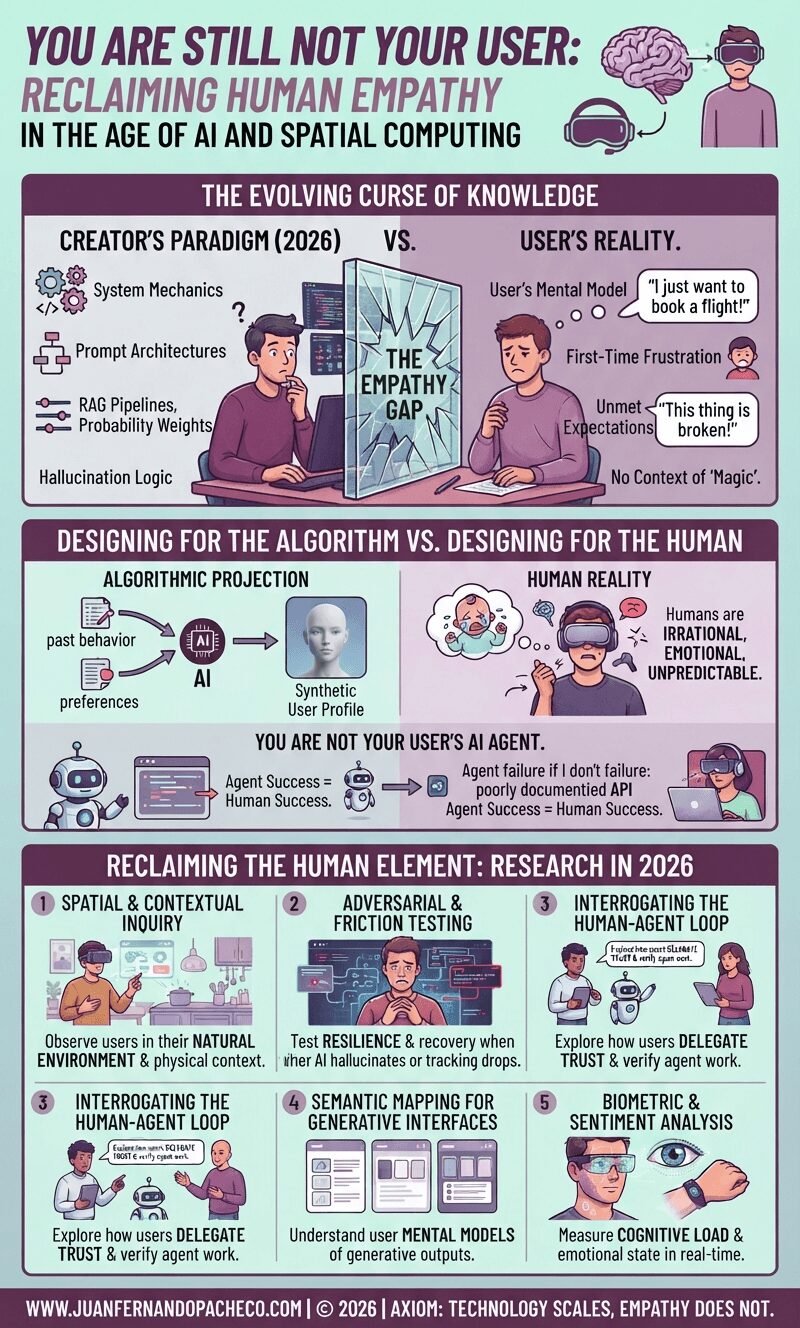 A vertical infographic titled "You Are Still Not Your User" against a light teal background, illustrating the growing gap between product creators and users in the age of AI and spatial computing. It is divided into sections showing the "Evolving Curse of Knowledge," the trap of "Synthetic Empathy," and a "2026 Research Toolkit" for reclaiming human understanding.