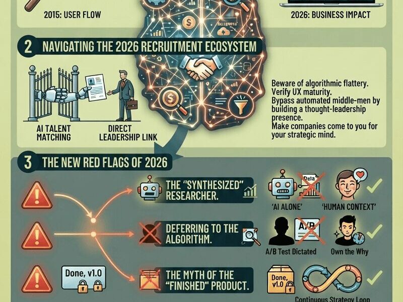 An intricate infographic titled "Beyond the Portfolio: The Strategic UX Hiring Playbook for 2026," set against a light green (#d4e09b) background with a dark blue header. The graphic illustrates four key shifts for UX professionals to become strategic business partners. Section 1 contrasts a 2015 "User Flow" magnifying glass with a 2026 "Business Impact" dashboard. Section 2 compares "AI Talent Matching" gatekeepers with a "Direct Leadership Link." Section 3 outlines "The New Red Flags of 2026" (The 'Synthesized' Researcher, Deferring to the Algorithm, and The Myth of the 'Finished' Product) showing incorrect AI-only approaches versus correct human-centered ones. Section 4 contrasts an "Old: Mobile Flow" whiteboard with a "New: Systemic Audit Scenario" for SaaS Churn. The footer prominently features "Evolve Your UX Career at WWW.JUANFERNANDOPACHECO.COM."
