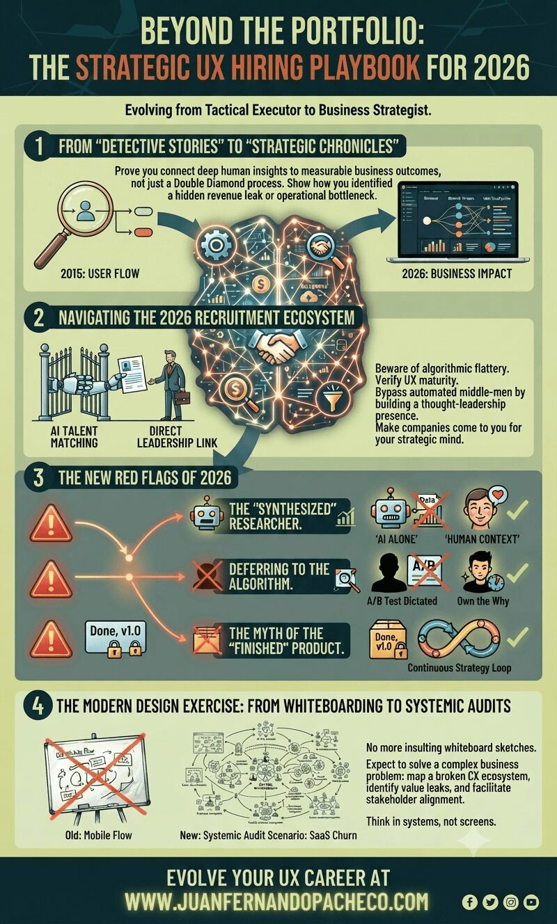 An intricate infographic titled "Beyond the Portfolio: The Strategic UX Hiring Playbook for 2026," set against a light green (#d4e09b) background with a dark blue header. The graphic illustrates four key shifts for UX professionals to become strategic business partners. Section 1 contrasts a 2015 "User Flow" magnifying glass with a 2026 "Business Impact" dashboard. Section 2 compares "AI Talent Matching" gatekeepers with a "Direct Leadership Link." Section 3 outlines "The New Red Flags of 2026" (The 'Synthesized' Researcher, Deferring to the Algorithm, and The Myth of the 'Finished' Product) showing incorrect AI-only approaches versus correct human-centered ones. Section 4 contrasts an "Old: Mobile Flow" whiteboard with a "New: Systemic Audit Scenario" for SaaS Churn. The footer prominently features "Evolve Your UX Career at WWW.JUANFERNANDOPACHECO.COM."