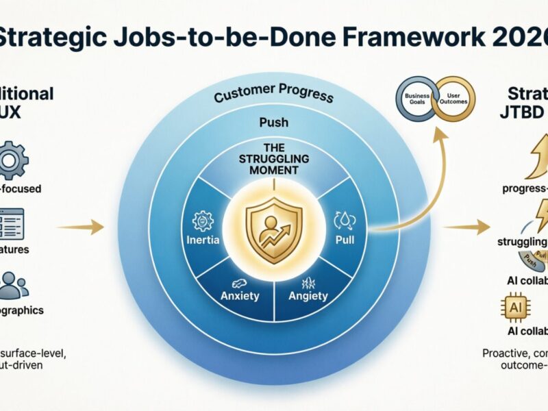 Strategic Jobs-to-be-Done Framework 2026 diagram showing the evolution from Traditional UX (task-focused, features, demographics) to Strategic JTBD 2026 (progress-focused, struggling moments, AI collaboration). Center circular framework displays The Struggling Moment at the core, surrounded by Four Forces of Progress: Push, Pull, Anxiety, and Inertia, all oriented toward Customer Progress and aligned business goals with user outcomes