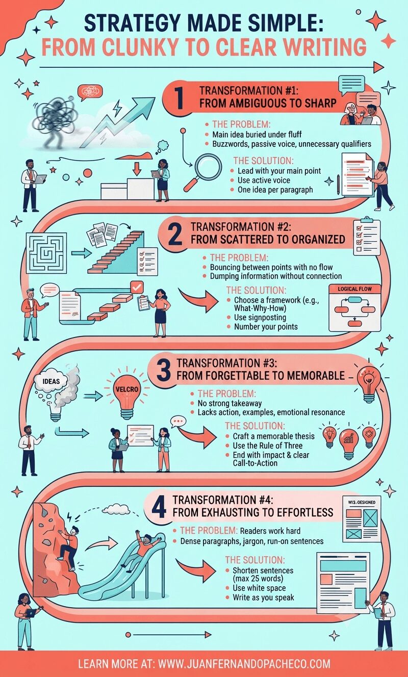 A vertical infographic titled "STRATEGY MADE SIMPLE: FROM CLUNKY TO CLEAR WRITING" illustrating four steps for improving communication, based on the work of Juan Fernando Pacheco. It features a winding coral path connecting four numbered sections: 1. From Ambiguous to Sharp, 2. From Scattered to Organized, 3. From Forgettable to Memorable, and 4. From Exhausting to Effortless. Each section uses illustrations like a magnifying glass, a staircase, lightbulbs, and a playground slide to show the transition from a problem to a solution. The color palette includes light blue, coral, pink, and red.