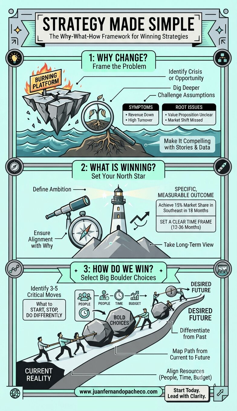 A vertical infographic titled "Strategy Made Simple" presented in three distinct, stacked sections. Section 1, "Why Change?", shows a cracked, burning platform and a plant root system under a magnifying glass to illustrate root causes. Section 2, "What Is Winning?", features a lighthouse acting as a North Star and a telescope. Section 3, "How Do We Win?", depicts people pushing large boulders along a path labeled "Bold Choices" toward a "Desired Future," with icons for aligning "People, Time, Budget."