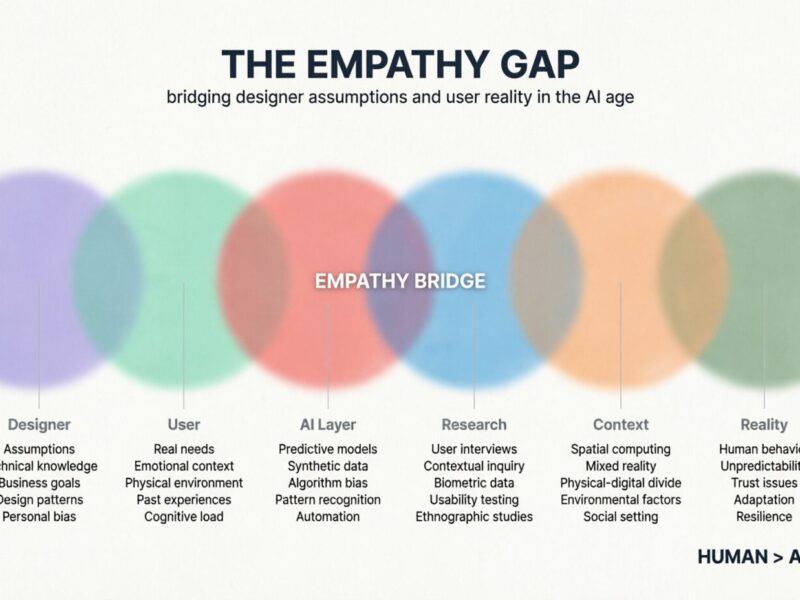 Infographic showing six overlapping circles labeled Designer, User, AI Layer, Research, Context, and Reality, with an Empathy Bridge in the center. Each circle contains key elements like assumptions, real needs, predictive models, user interviews, spatial computing, and human behavior. Bottom text reads 'HUMAN > ALGORITHM'