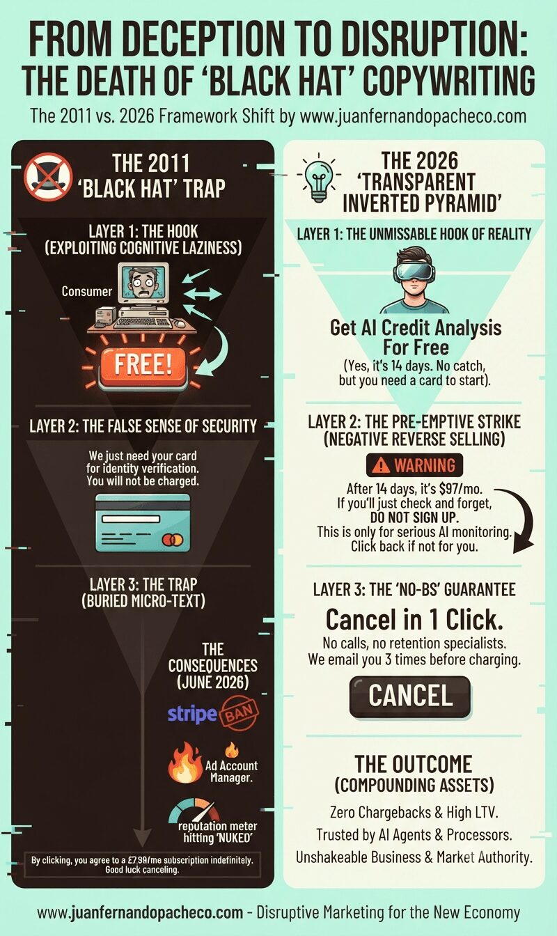 An infographic comparing "The 2011 'Black Hat' Trap" and "The 2026 'Transparent Inverted Pyramid'" frameworks. The left side shows deceptive 2011 tactics—a large 'FREE!' hook, false security, and hidden micro-text—leading to consequences like Stripe bans and 'NUKED' reputation. The right side outlines the 2026 honest framework: an upfront hook of reality, a pre-emptive strike warning users not to sign up if they are only browsing, and a 'No-BS' 1-click cancellation guarantee, resulting in positive business outcomes. The overall message is a shift from deception to disruption through radical transparency.