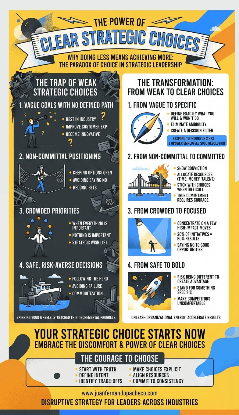 A vertical infographic comparing weak strategic choices against clear, bold transformations in leadership, featuring a vibrant yellow background, structured dual columns, icons, and branding from www.juanfernandopacheco.com.