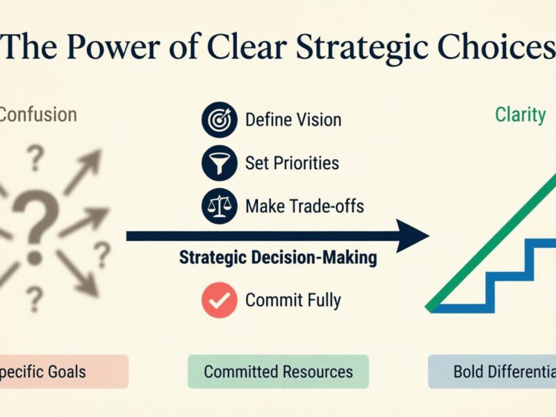 Infographic showing transformation from confusion to clarity through strategic decision-making process with four steps: define vision, set priorities, make trade-offs, and commit fully, resulting in specific goals, committed resources, and bold differentiation