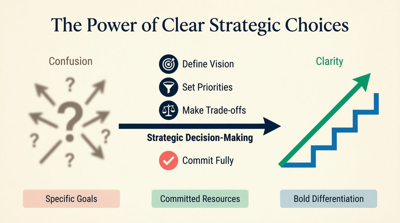 Infographic showing transformation from confusion to clarity through strategic decision-making process with four steps: define vision, set priorities, make trade-offs, and commit fully, resulting in specific goals, committed resources, and bold differentiation