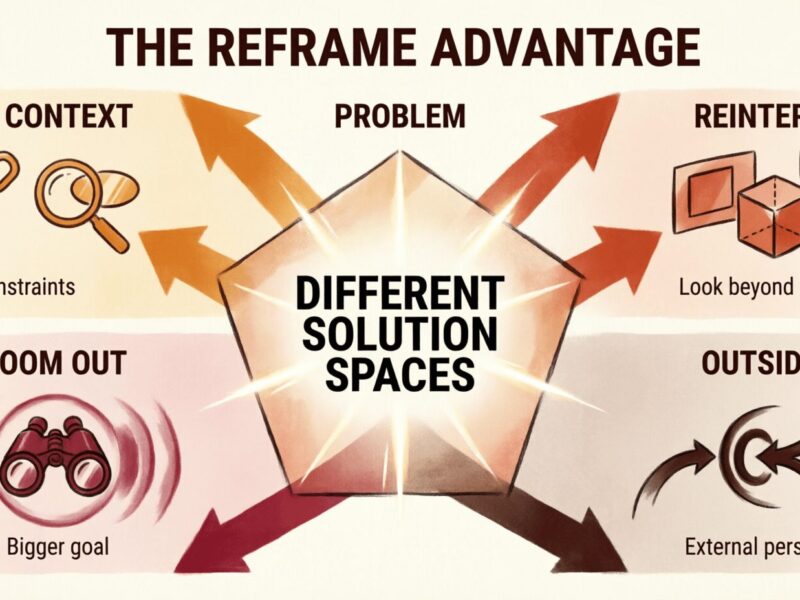 Infographic showing the Reframe Advantage with a central prism labeled 'Different Solution Spaces' branching into four reframing techniques: Shift Context (orange) with broken chains icon, Reinterpret (terracotta) with perspective cubes, Zoom Out (burgundy) with binoculars, and Outside-In (dark brown) with converging arrows, all demonstrating how one problem creates multiple solution pathways