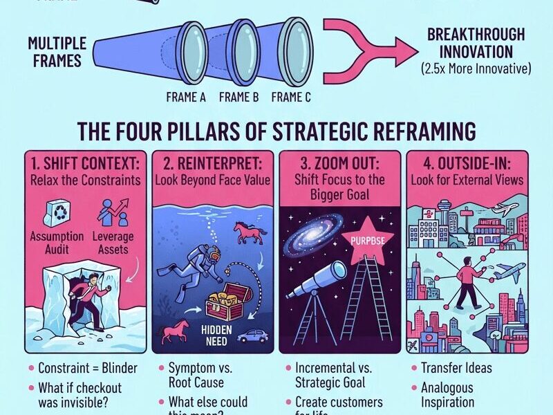An infographic titled "The Reframe Advantage" with a pale cyan background, illustrating how strategic perspective shifts unlock breakthrough solutions, featuring the Netflix vs. Blockbuster example, "The Mathematics of Multiple Frames" diagram, "The Four Pillars of Strategic Reframing," and "The Reframe Implementation Framework," concluding with the URL www.juanfernandopacheco.com.