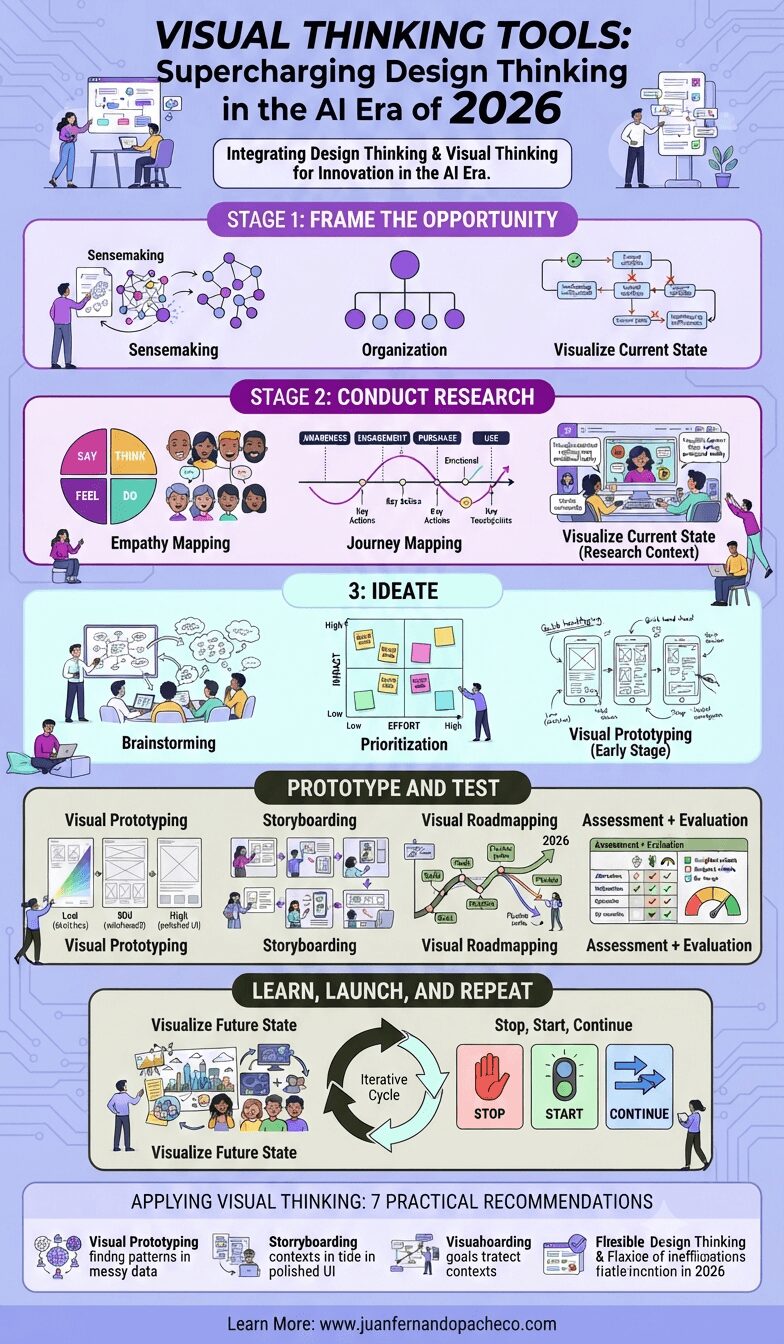 An infographic titled "VISUAL THINKING TOOLS: Supercharging Design Thinking in the AI Era of 2026," featuring a five-stage framework with illustrations and text descriptions for various design tools. The framework includes stages like Frame the Opportunity, Conduct Research, Ideate, Prototype and Test, and Learn, Launch, and Repeat, utilizing specific visual tools for each step, set against a light lavender background with circuit patterns.