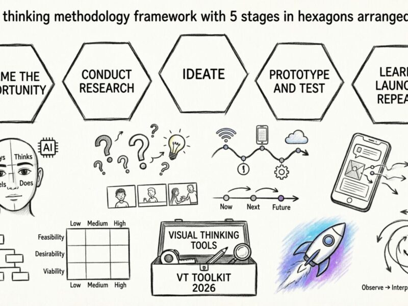 Design thinking methodology framework showing five stages (Frame the Opportunity, Conduct Research, Ideate, Prototype and Test, Learn Launch Repeat) with visual thinking tools below including AI-enhanced empathy mapping, digital journey maps, brainstorming, visual prototyping with mobile interfaces, storyboarding, roadmapping, assessment grids, and a VT Toolkit 2026 toolbox