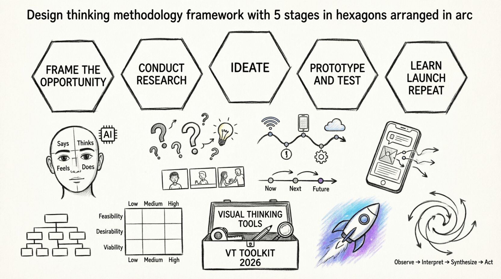 Design thinking methodology framework showing five stages (Frame the Opportunity, Conduct Research, Ideate, Prototype and Test, Learn Launch Repeat) with visual thinking tools below including AI-enhanced empathy mapping, digital journey maps, brainstorming, visual prototyping with mobile interfaces, storyboarding, roadmapping, assessment grids, and a VT Toolkit 2026 toolbox