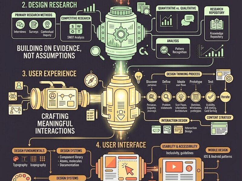 An infographic titled "THE COMPLETE UX/UI PRODUCT DESIGN ROADMAP: Mastering Digital Product Design in 2024 and Beyond." It is a vertical diagram visualizing the five pillars of product design as distinct, interconnected sections represented by mechanical or futuristic components. Section 1, "PRODUCT THINKING" is orange. Section 2, "DESIGN RESEARCH" is green. Section 3, "USER EXPERIENCE" is yellow and styled like a camera. Section 4, "USER INTERFACE" is yellow and styled like a computer monitor. Section 5, "COMMUNICATION" is an orange-yellow glowing hub. Each section branches out with detailed labels and smaller diagrams for specific UX/UI concepts, such as "Pre-Launch Strategy," "SWOT Analysis," "Design Thinking Process," "Design Systems," and "Presentation Skills." The style is a technical, modern illustration using a palette of dark charcoal, orange, yellow, and green, with subtle glow effects.