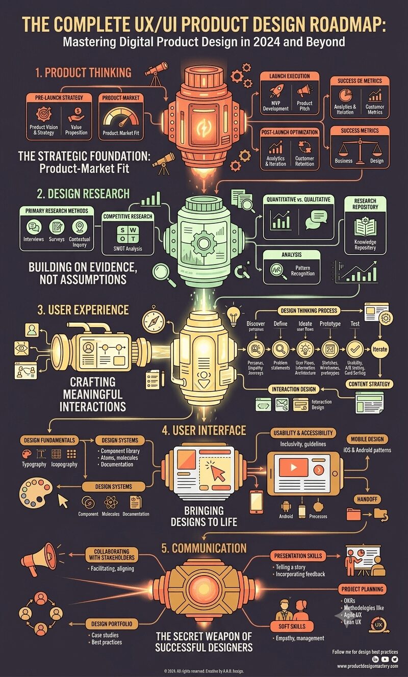 An infographic titled "THE COMPLETE UX/UI PRODUCT DESIGN ROADMAP: Mastering Digital Product Design in 2024 and Beyond." It is a vertical diagram visualizing the five pillars of product design as distinct, interconnected sections represented by mechanical or futuristic components. Section 1, "PRODUCT THINKING" is orange. Section 2, "DESIGN RESEARCH" is green. Section 3, "USER EXPERIENCE" is yellow and styled like a camera. Section 4, "USER INTERFACE" is yellow and styled like a computer monitor. Section 5, "COMMUNICATION" is an orange-yellow glowing hub. Each section branches out with detailed labels and smaller diagrams for specific UX/UI concepts, such as "Pre-Launch Strategy," "SWOT Analysis," "Design Thinking Process," "Design Systems," and "Presentation Skills." The style is a technical, modern illustration using a palette of dark charcoal, orange, yellow, and green, with subtle glow effects.