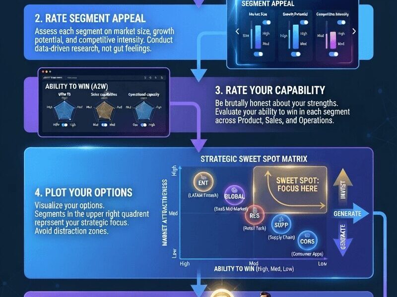 Strategic Framework for Choosing Your Most Profitable Market Segment - A 5-step infographic methodology showing: 1) Shortlist segments with team collaboration visual, 2) Rate segment appeal with analytics dashboard showing market size, growth potential, and competitive intensity metrics, 3) Rate your capability with radar charts evaluating product, sales, and operations, 4) Plot options on Strategic Sweet Spot Matrix mapping market attractiveness vs ability to win with quadrant analysis, 5) Pick the winner with checklist for defining focus, allocating resources, aligning teams, and refining offering. Based on Juan Fernando Pacheco's LATAM market expertise.