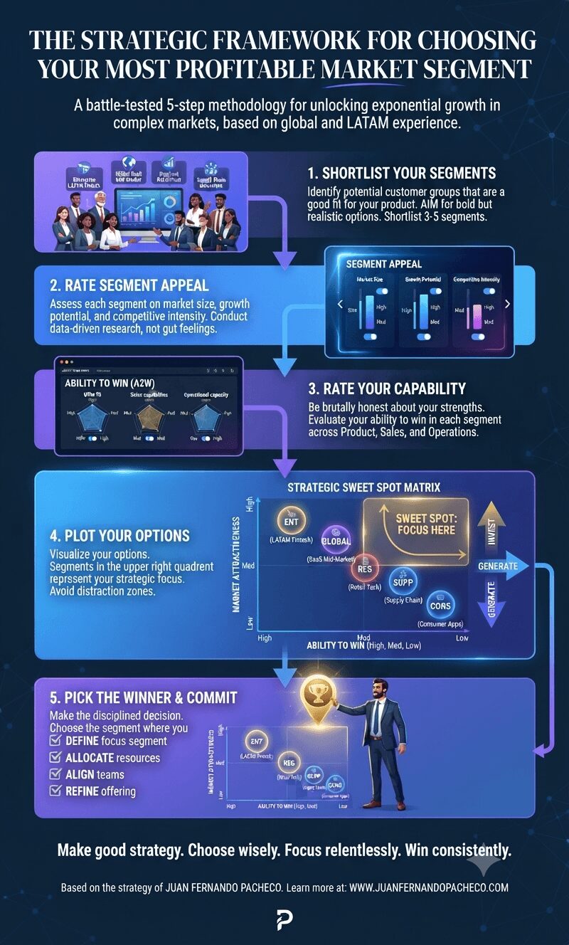 Strategic Framework for Choosing Your Most Profitable Market Segment - A 5-step infographic methodology showing: 1) Shortlist segments with team collaboration visual, 2) Rate segment appeal with analytics dashboard showing market size, growth potential, and competitive intensity metrics, 3) Rate your capability with radar charts evaluating product, sales, and operations, 4) Plot options on Strategic Sweet Spot Matrix mapping market attractiveness vs ability to win with quadrant analysis, 5) Pick the winner with checklist for defining focus, allocating resources, aligning teams, and refining offering. Based on Juan Fernando Pacheco's LATAM market expertise.