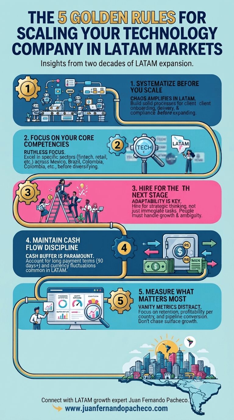 An infographic titled "THE 5 GOLDEN RULES FOR SCALING YOUR TECHNOLOGY COMPANY IN LATAM MARKETS" is presented as a step-by-step visual guide, connecting five distinct, numbered sections with a winding golden pipe. The background is light blue, and the overall style is a mix of line art and icons.