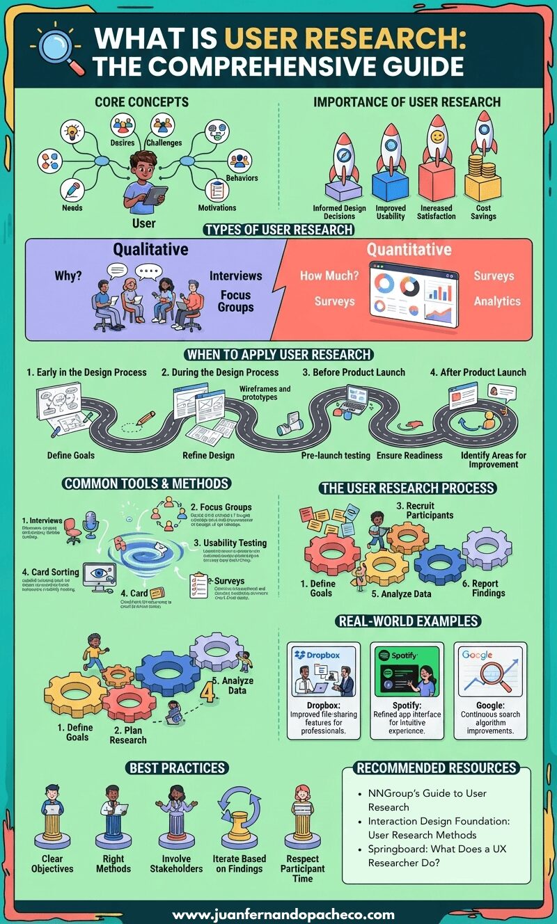 Infographic titled "What is User Research: The Comprehensive Guide" featuring sections on core concepts, importance, qualitative and quantitative types, a timeline of when to apply research, common tools, the research process, real-world examples, best practices, and recommended resources, all grounded in a user-centered design approach.