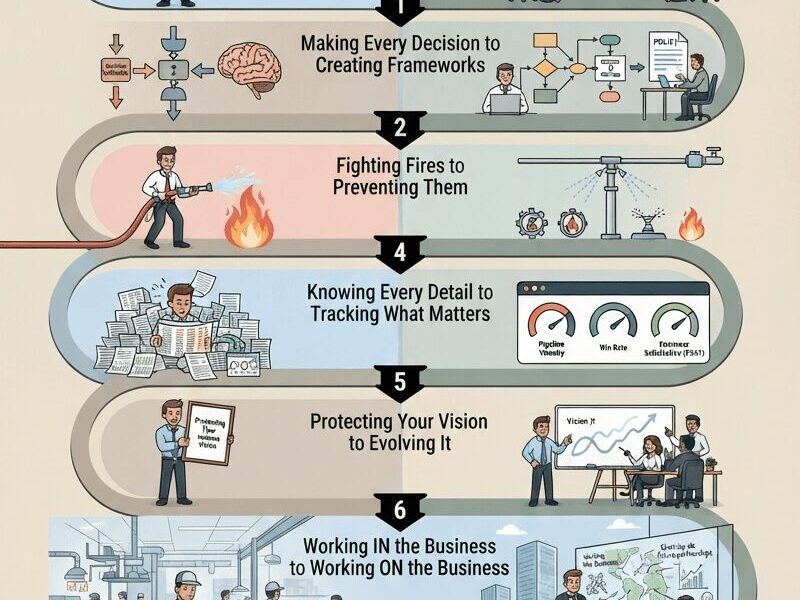 Infographic titled "FROM FOUNDER TO CEO: THE 7 STRATEGIC MINDSET SHIFTS THAT SCALE YOUR BUSINESS," illustrating the transformation from an overwhelmed founder to a strategic CEO across seven stages: building a team, creating frameworks, preventing fires, tracking metrics, evolving vision, working on the business, and building a thriving, self-sustaining operation.