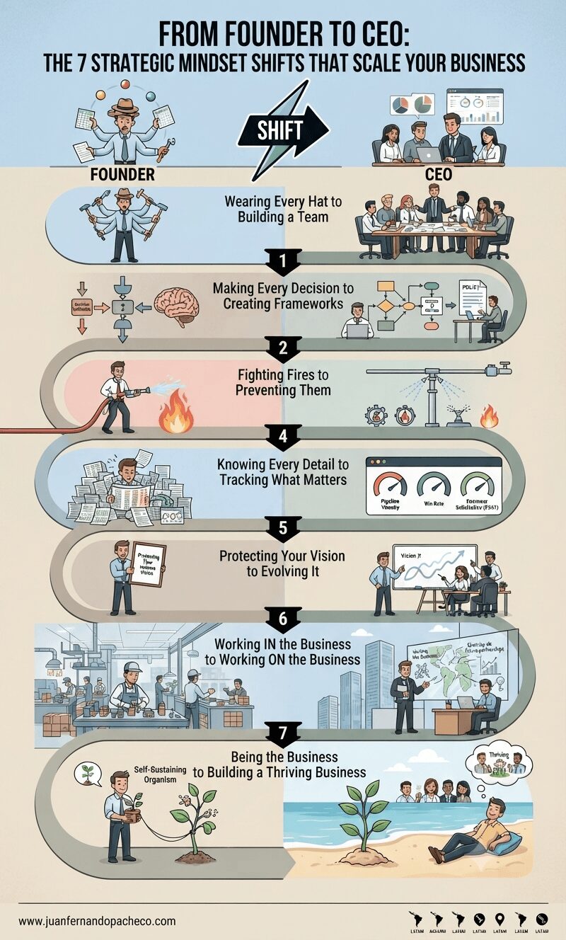 Infographic titled "FROM FOUNDER TO CEO: THE 7 STRATEGIC MINDSET SHIFTS THAT SCALE YOUR BUSINESS," illustrating the transformation from an overwhelmed founder to a strategic CEO across seven stages: building a team, creating frameworks, preventing fires, tracking metrics, evolving vision, working on the business, and building a thriving, self-sustaining operation.