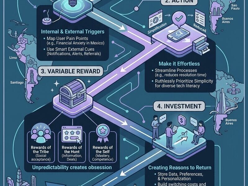 An educational infographic titled "The Hooked Model: Building Habit-Forming Products That Last in Latin American Markets." The image features a stylized, neon-teal isometric flowchart on a dark blue background (#2d5d7b), mapping the four stages of Nir Eyal’s Hooked Model (1. Trigger, 2. Action, 3. Variable Reward, 4. Investment) specifically for the LATAM market. It includes contextual icons, lists of best practices, a map highlighting major Latin American cities, and two dedicated panels discussing "Bridging Commercial Synergy & Agile Roadmaps" and "Regulatory Constraints & Localization" (including data sovereignty and local policy triggers in Spanish and Portuguese). The footer contains the credit "juanfernandopacheco.com."