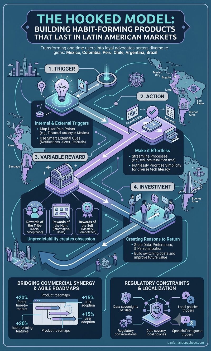 An educational infographic titled "The Hooked Model: Building Habit-Forming Products That Last in Latin American Markets." The image features a stylized, neon-teal isometric flowchart on a dark blue background (#2d5d7b), mapping the four stages of Nir Eyal’s Hooked Model (1. Trigger, 2. Action, 3. Variable Reward, 4. Investment) specifically for the LATAM market. It includes contextual icons, lists of best practices, a map highlighting major Latin American cities, and two dedicated panels discussing "Bridging Commercial Synergy & Agile Roadmaps" and "Regulatory Constraints & Localization" (including data sovereignty and local policy triggers in Spanish and Portuguese). The footer contains the credit "juanfernandopacheco.com."