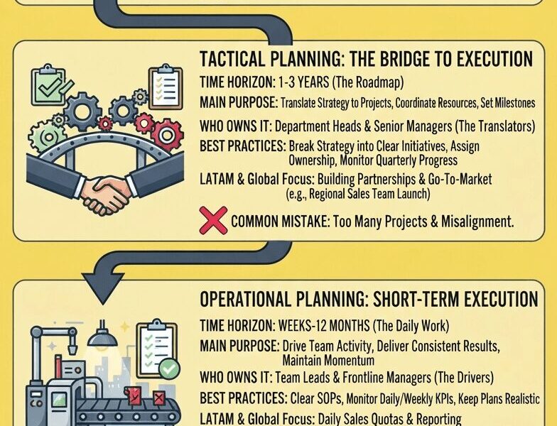 A detailed vertical infographic with a light yellow background, organized into three main sections flowing from top to bottom: Strategic Planning, Tactical Planning, and Operational Planning. Each section has a title, specific icons, lists of characteristics, examples, and a common mistake. A summary pyramid at the bottom shows the hierarchy, followed by a footer with a call to action.